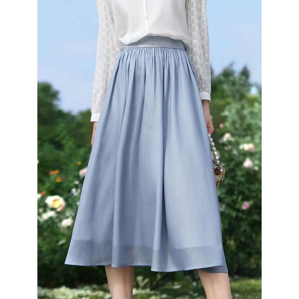 Silk Chiffon Skirts For Women Summer New Elegant Solid Draped Mid-Length Fairy Skirt Lady