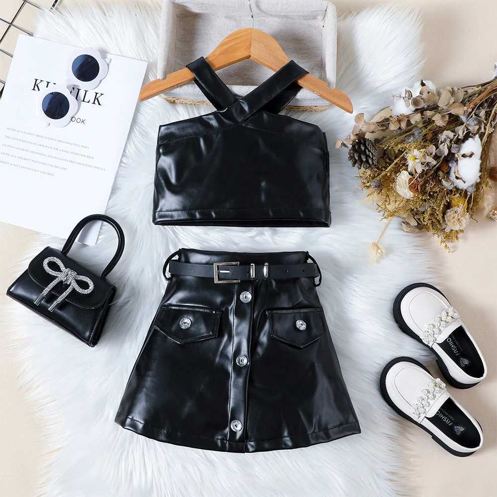 Summer Children Girl Clothes Street Fashion PU Leather Halter Short Vest+Skirt with Belt 3pcs Suit Kids Girls Set For 1-6 Years J250403