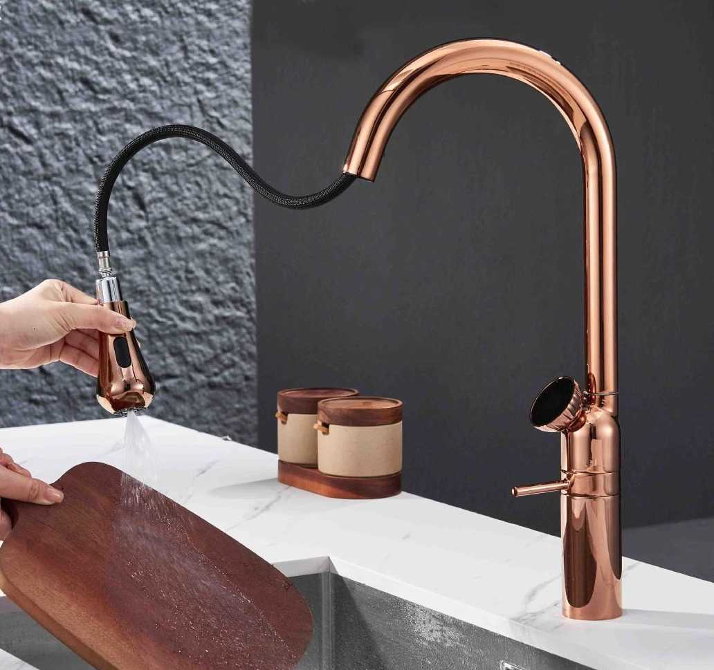 ZAPPO 3 Modes Kitchen Faucet Rose Gold 360 Swivel Pl Down Sink Faucets LED Temperature Display High-arc Hot Cold Mixer Tap Y251104