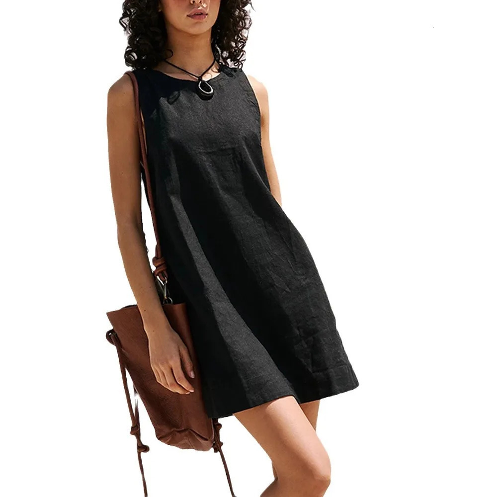 Seasons Womens Clothing Cotton and Linen Vest Backless Solid Color Mini Dress Multi-color 250402