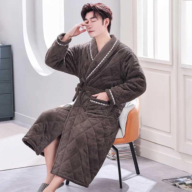 L-5XL Thick 3 Layers Keep Warm Winter Bathrobe Men Soft Coral Fleece Quilted Long Kimono Bath Robe Male Dressing Gown For Mens C251104