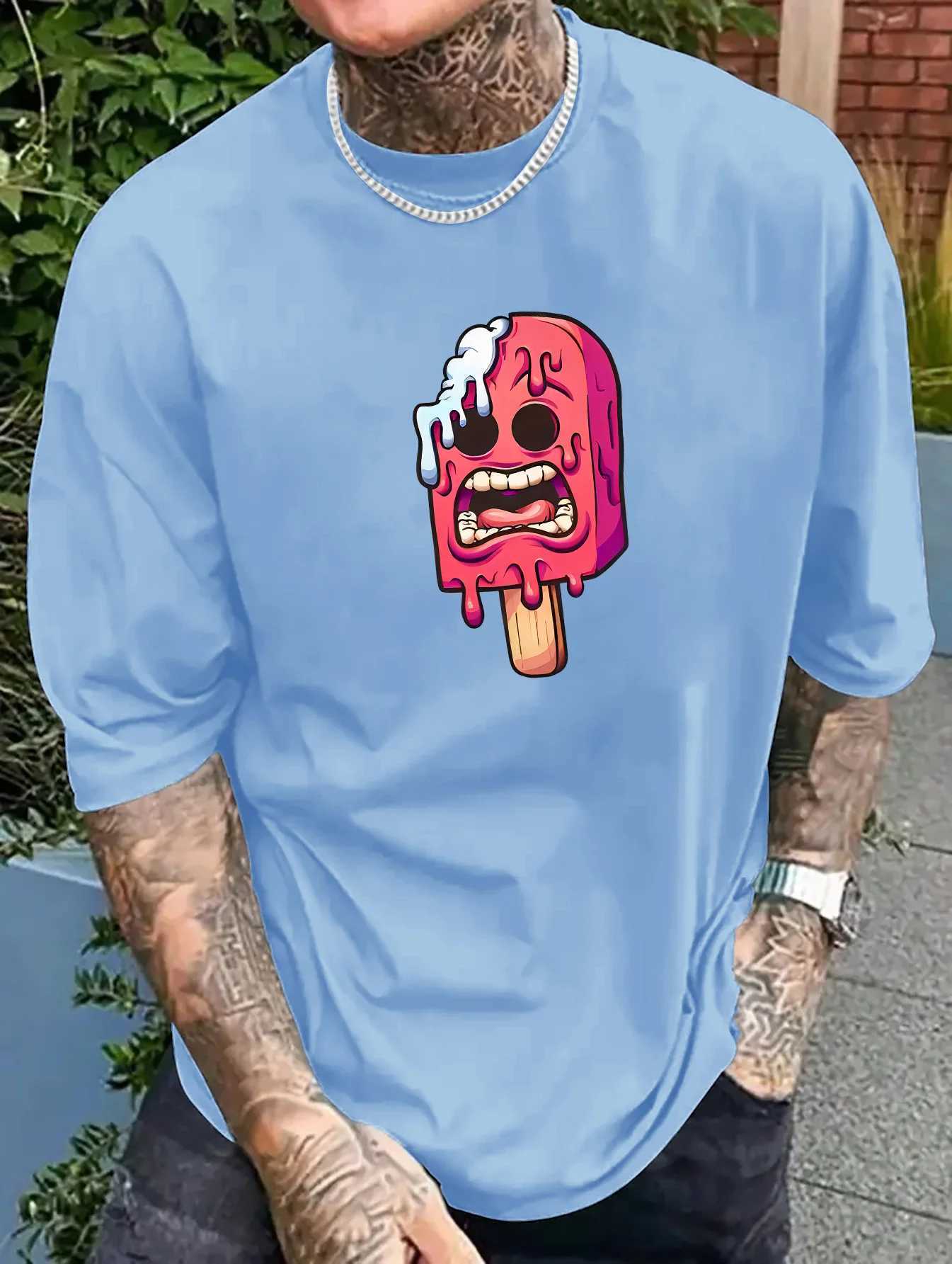 Mens Pink Ice Stick Graphic T-shirt - Fun Cartoon Design Casual and Comfortable Polyester Fiber Short Sleeve Retro Summer Top W250403