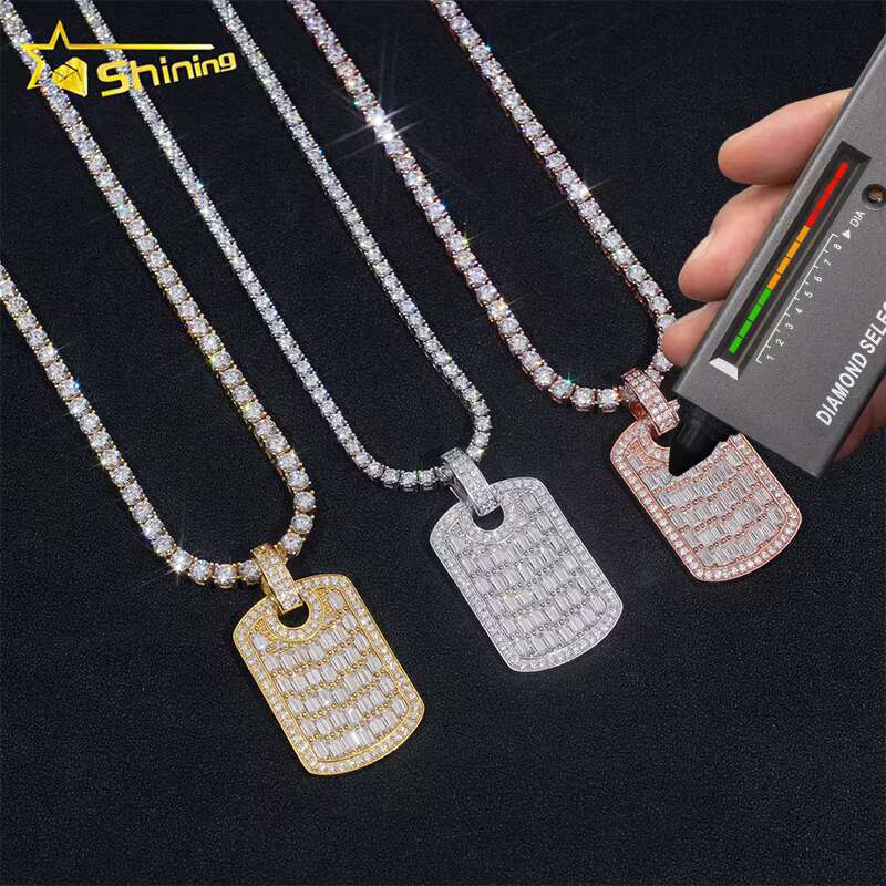Iced Out Baguette Mossanite Tag Charms 925 Sterling Silver VVS Moissanite Diamond Pendant Fine Jewelry Ready to Ship