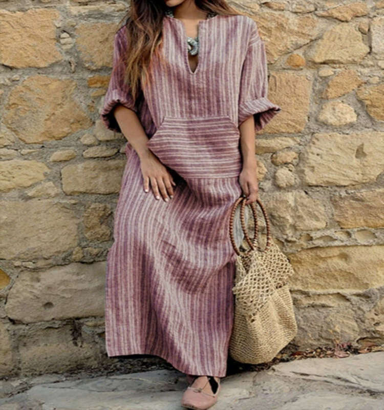 Popular European American cotton and en yarn dyed striped loose dress with versatile temperament in 2025, new trendy clothing ins
