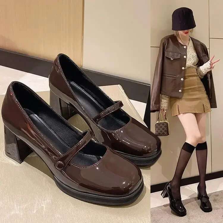 Comemore Summer New Patent Leather Brown Vintage Thick High Shoes Women Woman Square Toe Chunky Heels 2024 Black