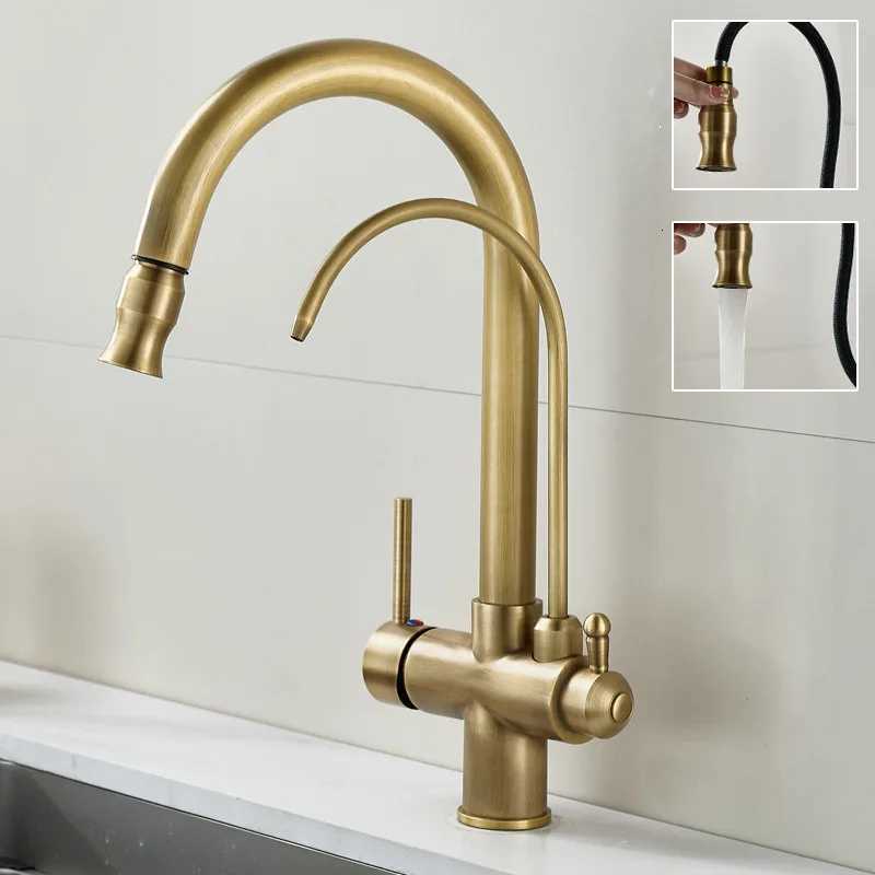Antique Pl Out Kitchen Faucet Solid Brass Crane Kitchen Deck Mounted Water Filter Tap Sink Faucet Mixer 3 Way Kitchen Faucet Y251104