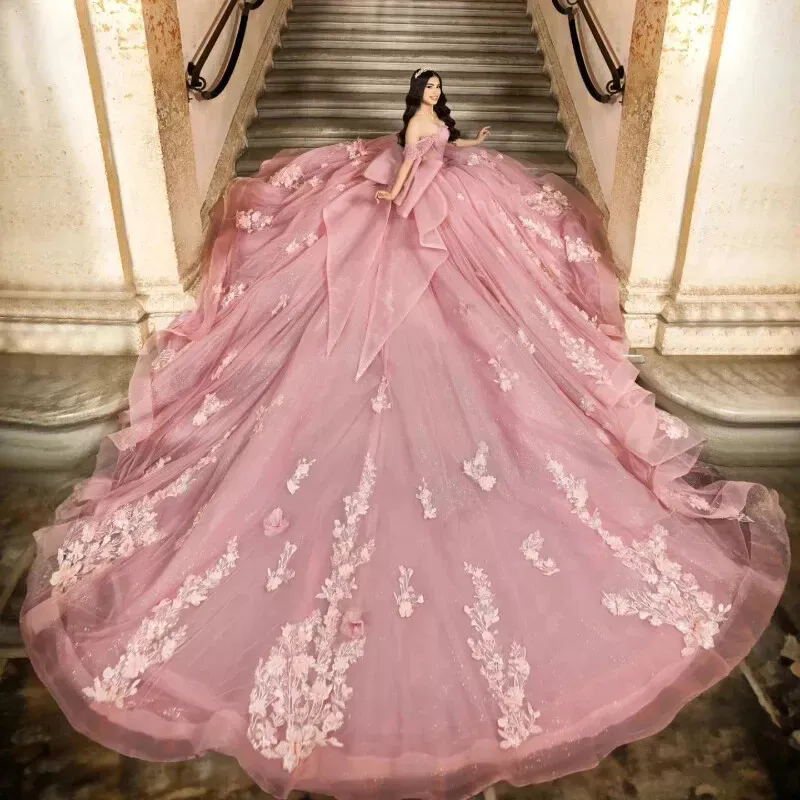 Luxury Pink Quinceanera Dresses Off The Shoulder Appliques Lace Beads Prom Dress Tull Tiered Vestidos De 15 Floral Formal Princess Party Ball Gowns