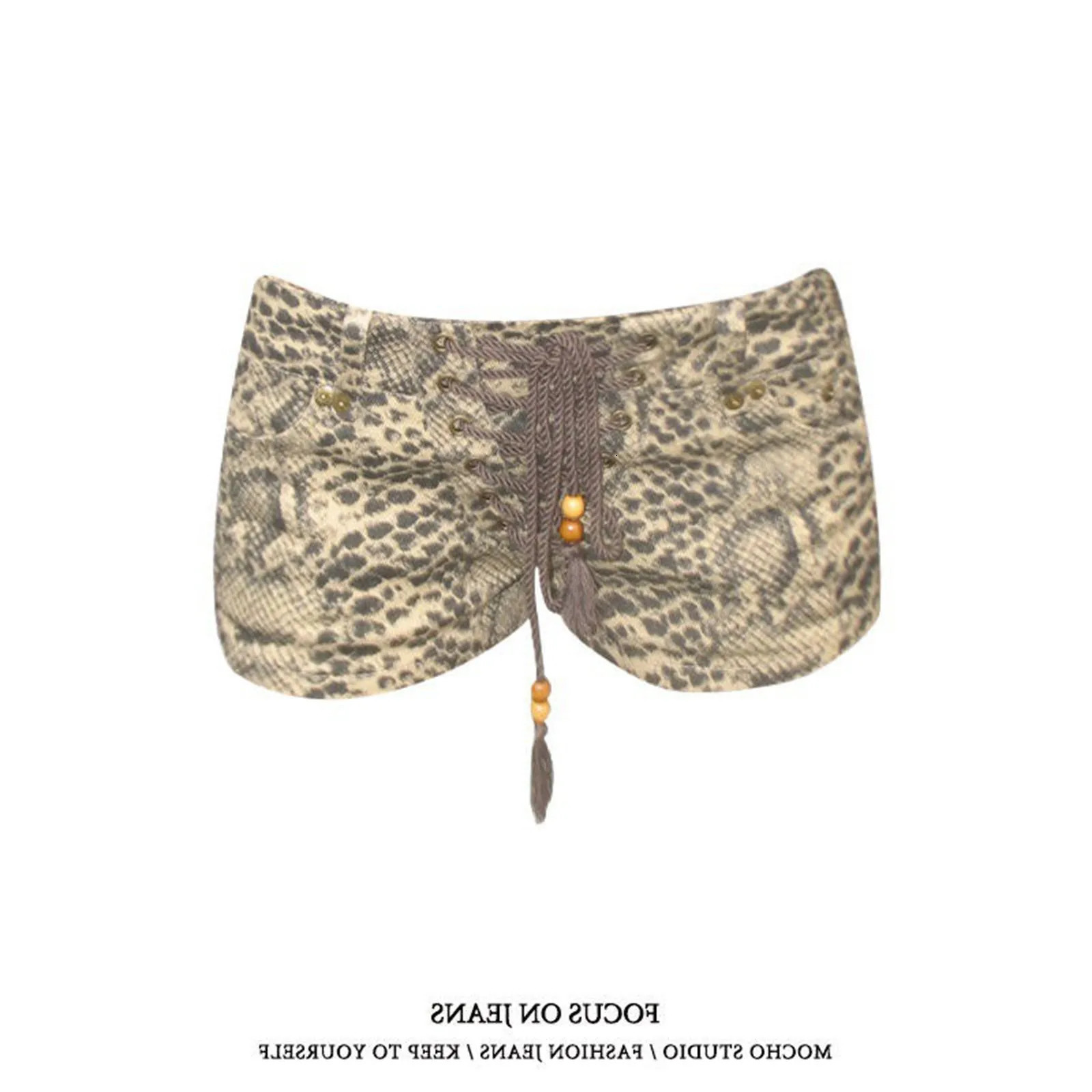 Retro Spicy Streetwear Denim Shorts Washed Snake Skin Print Strap Pants Nightclub Low Waist Skinny Y2k Sexy Shorts 250403