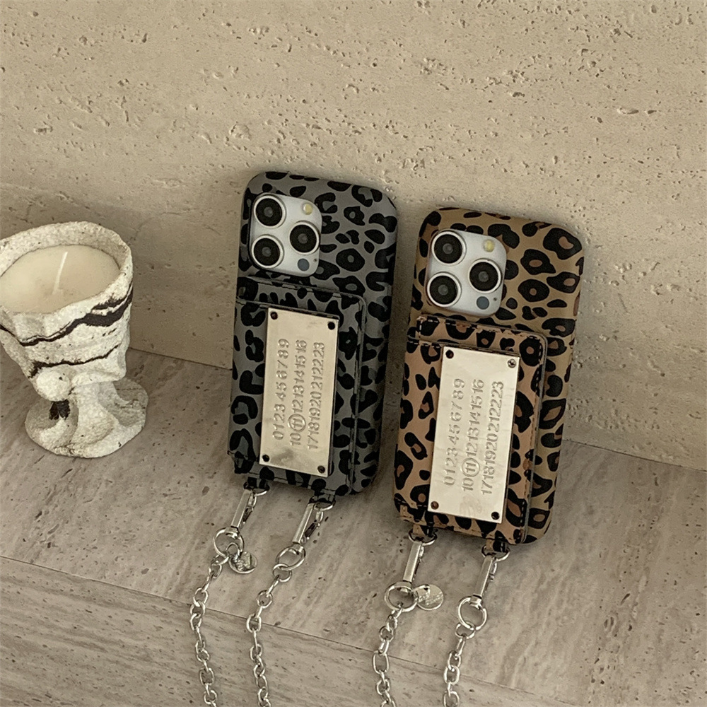 INS Leopard Print Crossbody Calendar Card Holder Phone Case Compatible with iPhone 17/16/15 Pro Simple Shockproof