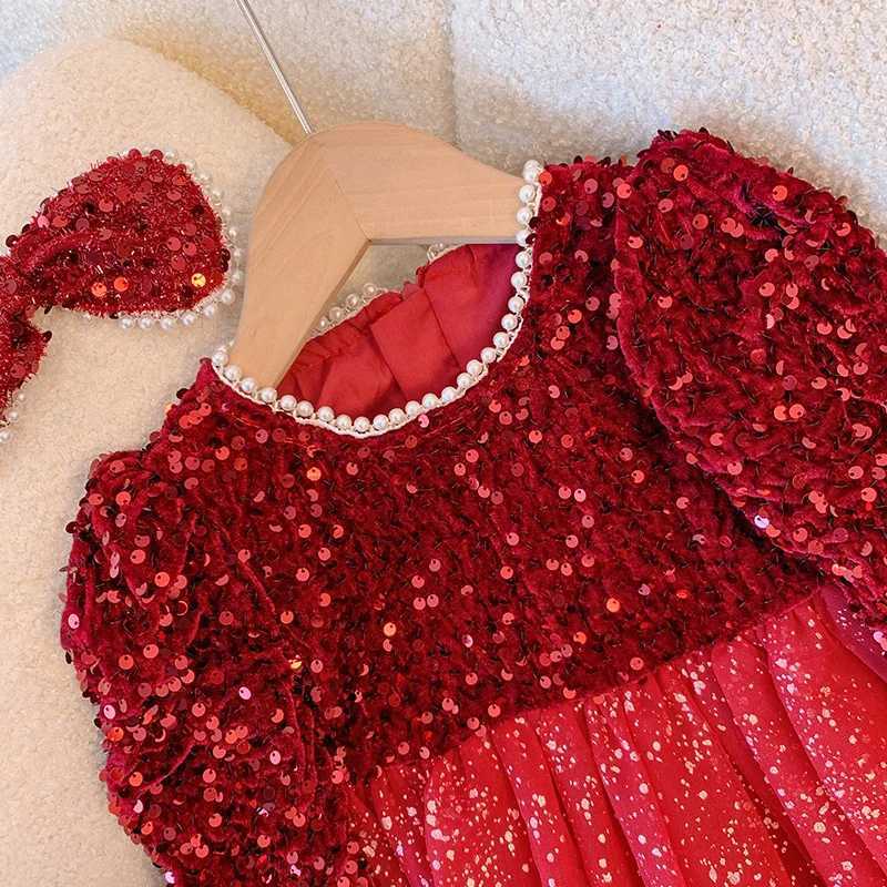 2024Girls Autumn and Winter Fleece-lined Princess Fashionable Sequins New Years Day Performance Costume Evening Dress C251104