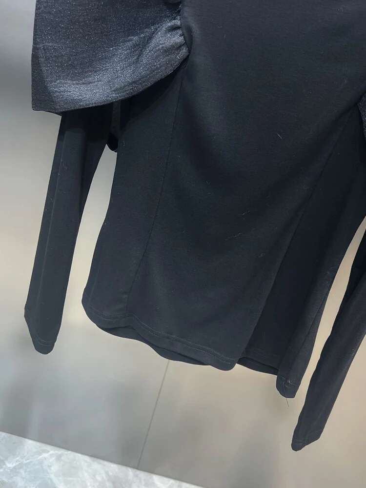 TWOTWINSTYLE Solid Spliced Bowknot Shirt For Women O Neck Long Sleeve Patchwork Mesh Casual Temperament T Shirts Female Style