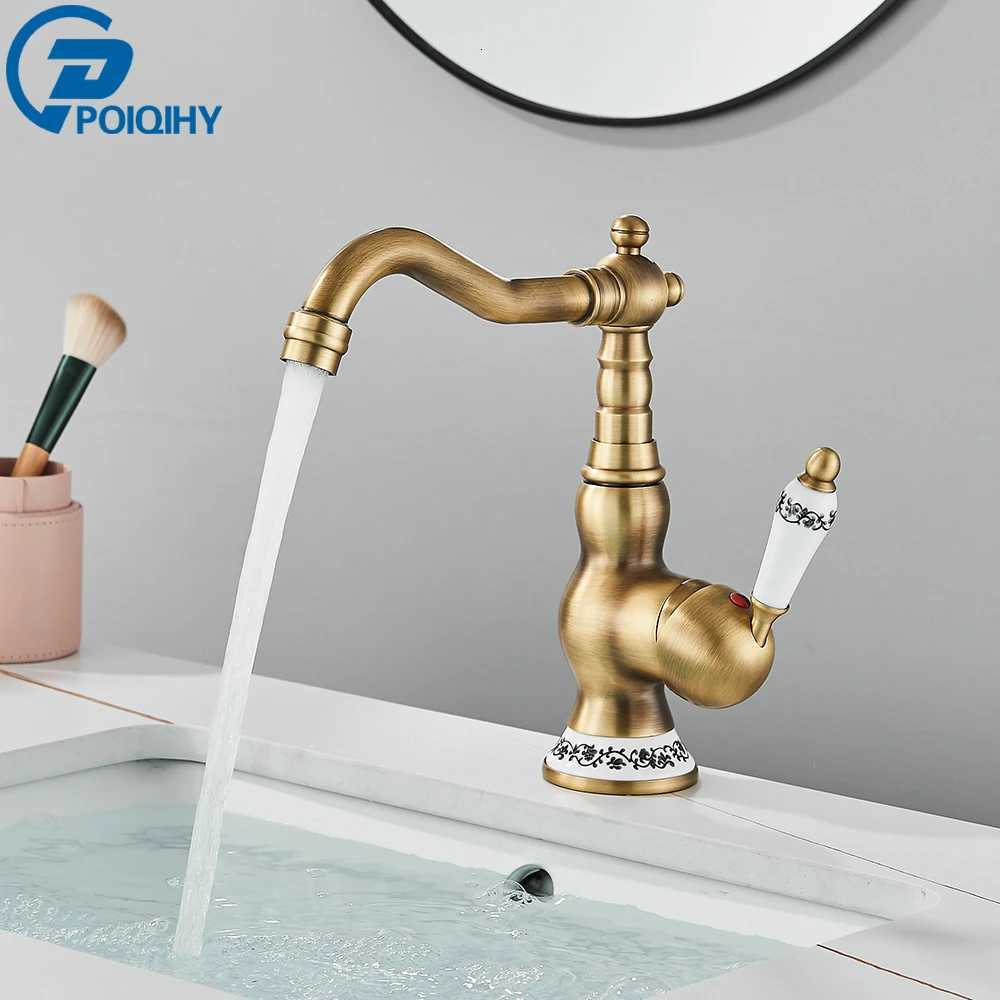 Antique Brass Bathro Faucet Rotating Spout Basin Sink Mixer Tap Bathro Kitchen Washing Faucet Washbasin Taps Kitchen Mixers Y251104