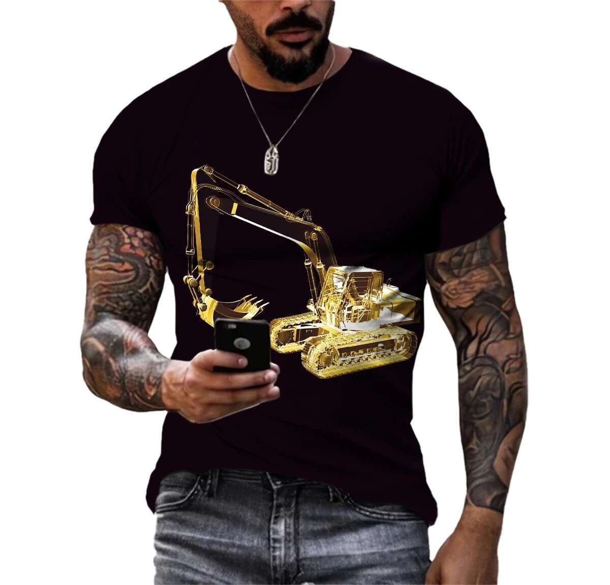 Summer Men's Personalized T-shirt nical Engineering Vehicle Graphics Excavator 3D Printing Short Sleeve Casual Round Neck T