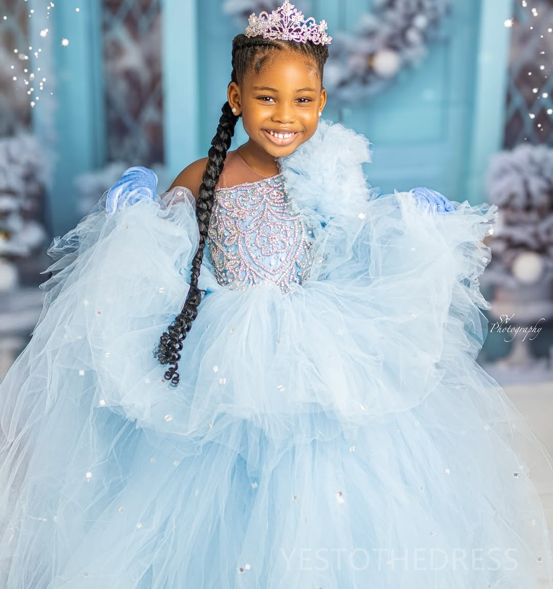 2025 Aso Ebi Light Sky Blue Flower Girl Dresses Children Birthday Dress Illusion One Shoulder Rhinestones Tiered Tulle Princess Queen Ball Gown For Ma