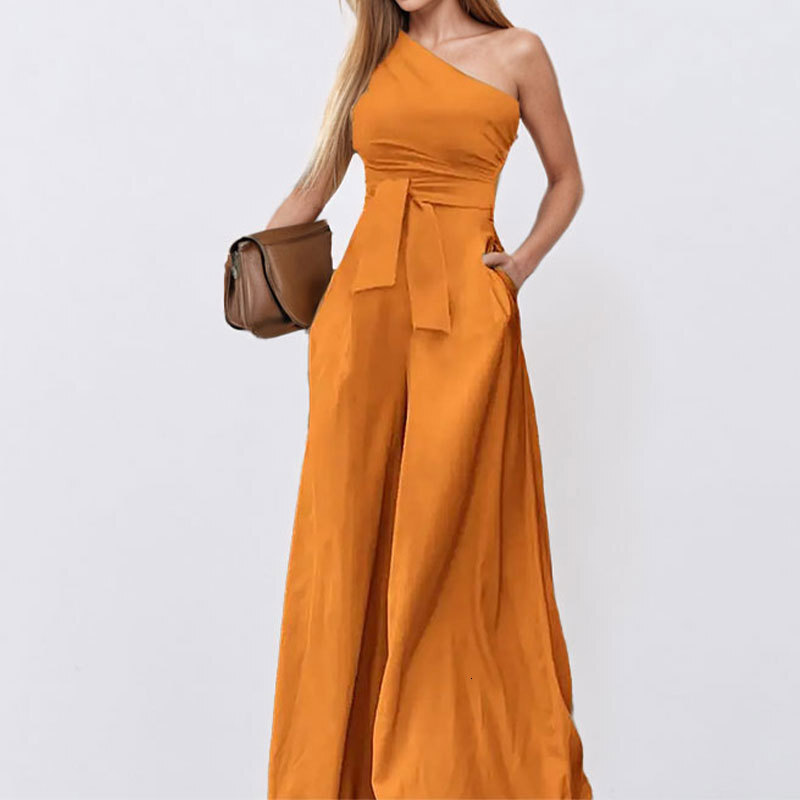 2025 new womens clothing single shoulder waist high waist slimming solid color temperament with jumpsuit for women