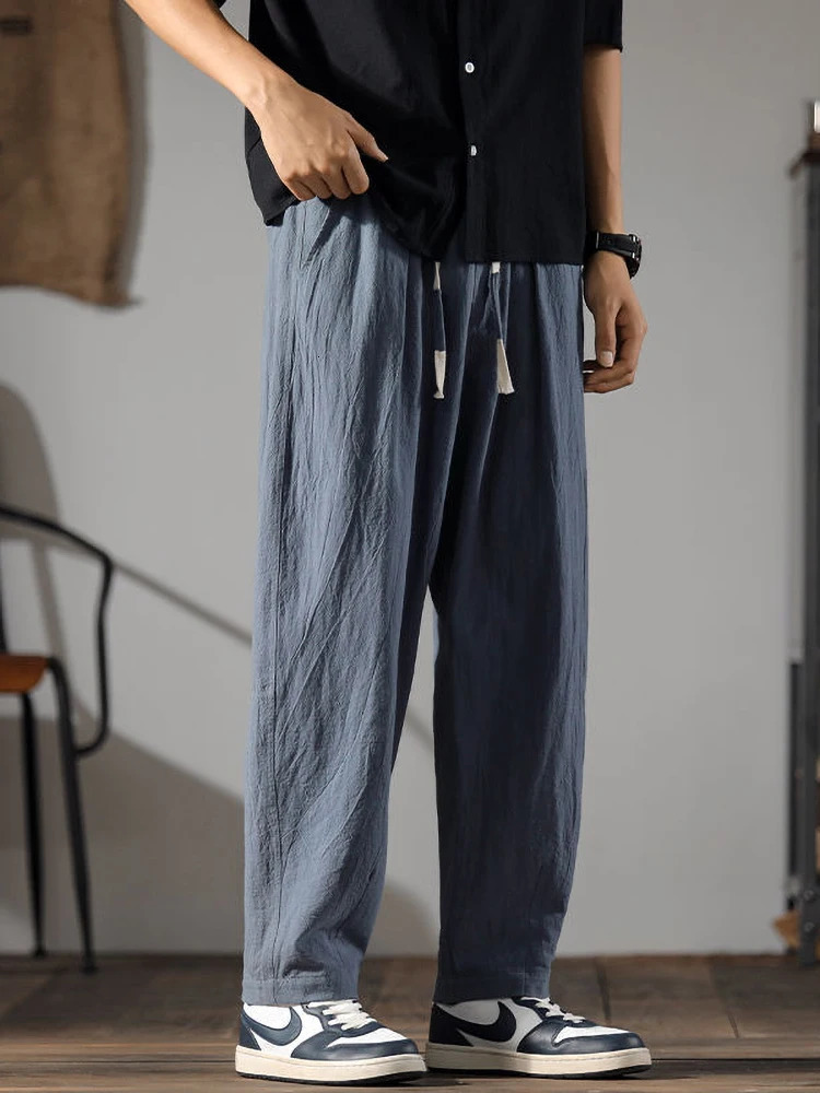 Japenese Cotton Linen Pants Men Summer Straight Casual Ice Silk Sweatpants Male Wide leg Oversize Linen Trousers 250402