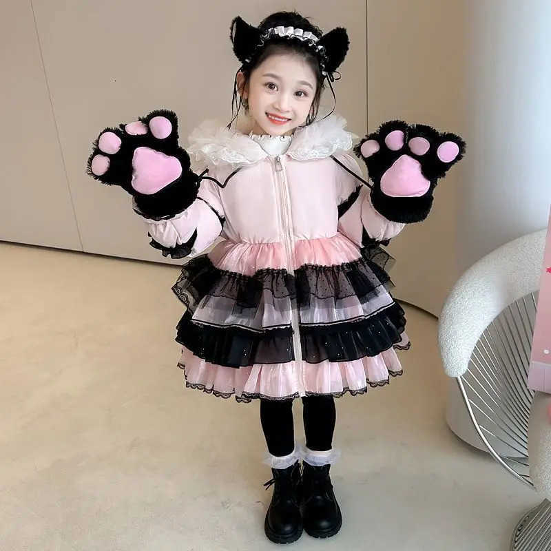 Sanrio Anime Hello Kitty Girl Lolita Long Down Jacket Dress Winter Thick Coat Bow Decoration Birthday Dress Halloween Gift H251104