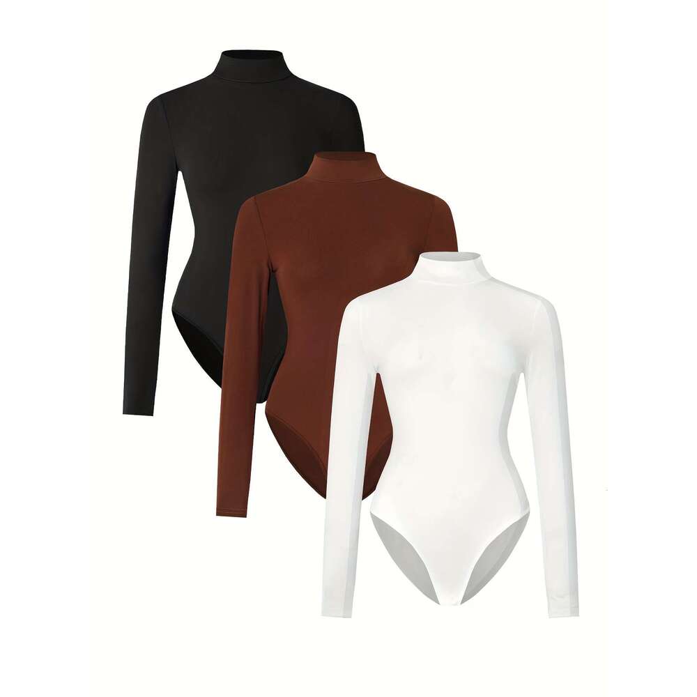 1Pcs Women's High Neck Long Sleeve Slim Fit Tops - Stretchy Turtleneck Shirts, Semi-Sheer Casual Layering Essentials In Black, Brown & White, Versatile