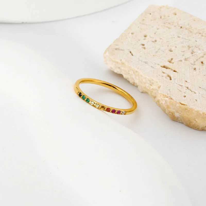 INS Stainless Steel Rainbow Color Cubic Zircon Stone Finger Rings for Women Gold Plated Waterproof Stacker Ring Jewelry GiftXJ251104