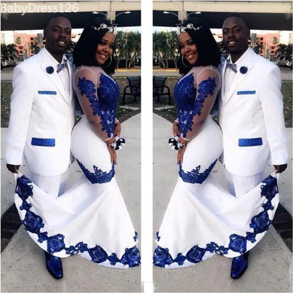 Nuovi Abiti Africani Aso Ebi In Raso Blu Royal In Raso Bianco Abiti Lunghi Con Maniche Illusionali Applique Abiti Formali Abito Da Sposa Spettacolo-image