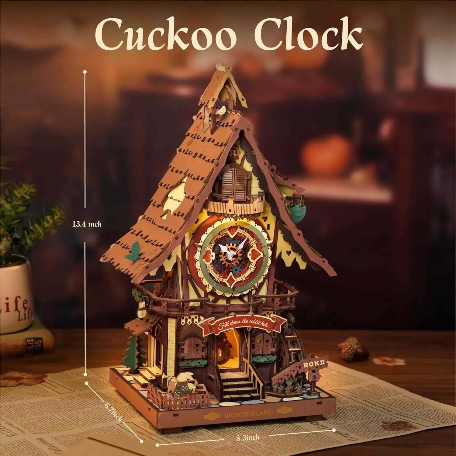 Robotime Rokr 3D Wooden Puzzle Cuckoo Clock Kit Black Forest Style with Working Bird DIY Clock Model Kit for Kids Adults Model C2511041