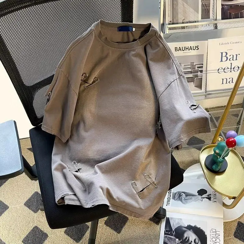 Foufurieux Fashion Ripped Oversized T-shirt Summer Harajuku Street Clothing Hip Hop T-shirt Grunge T-shirt Mens Harajuku T-shirt 250403