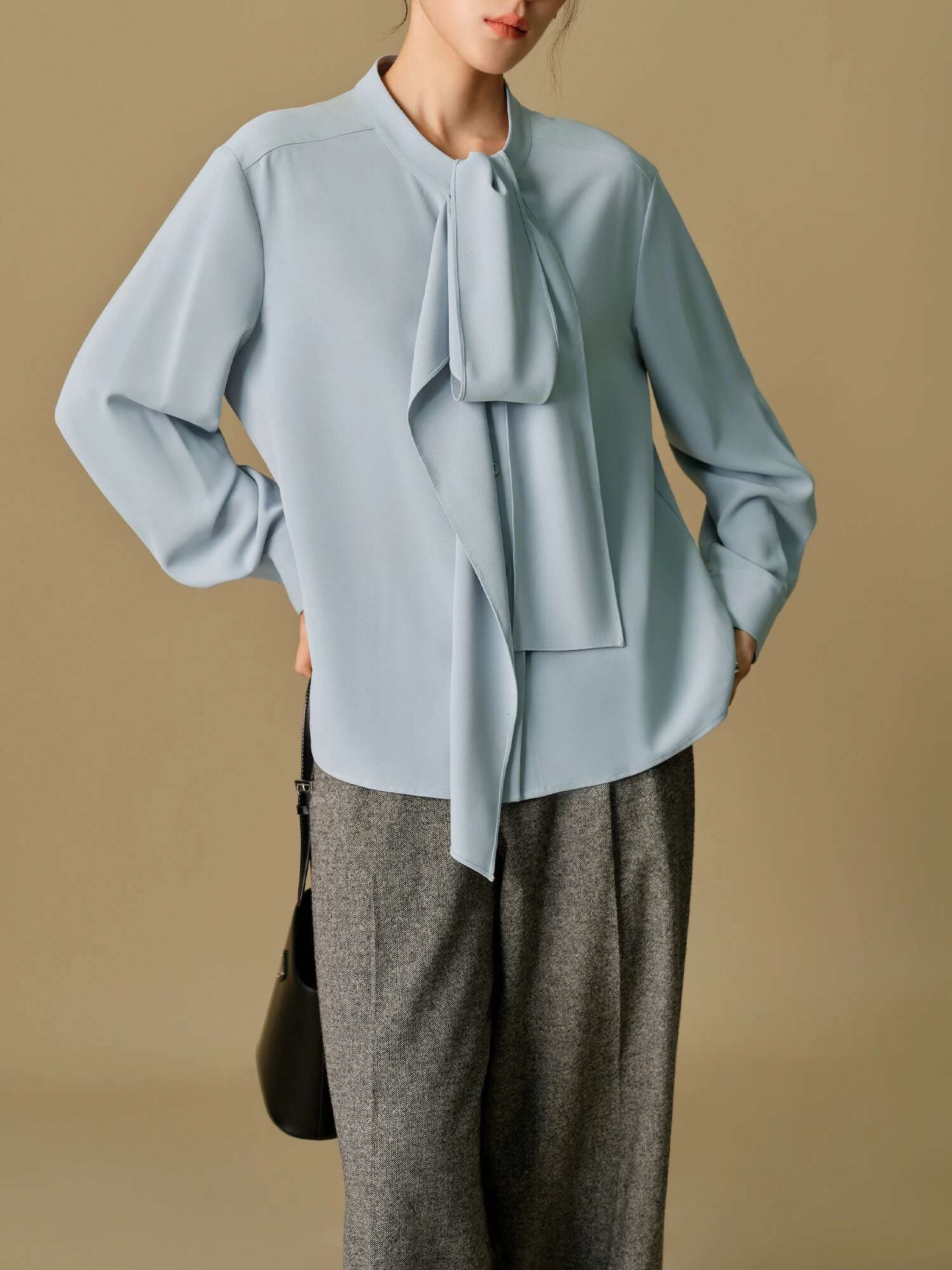 DUSHU Women Long Sleeve Blouses Winter Beige Commuter Shirts Tops Necke Ribbon Design Blue Drape Chiffon Shirt 24Dh84039