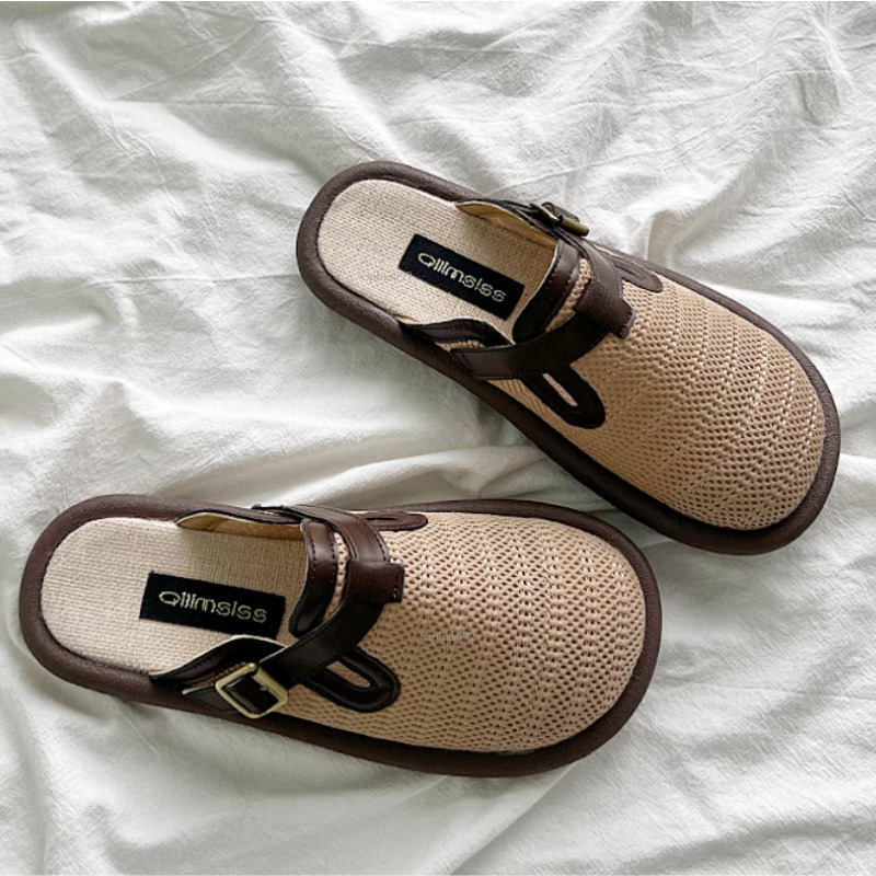 New designer sandals with free shipping Baotou Boken Half Slippers Women's Style One Step Stepping Hollow Breathable Cotton and Hemlock Mill Shoe