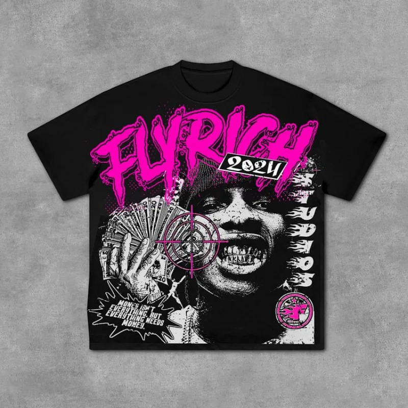 Fly Rich AbstrACt Human FACe Graphic Cotton T-Shirt Men Y2K Summer Short Sleeves Oversize Tshirt Streetwear Women TOPs 250403