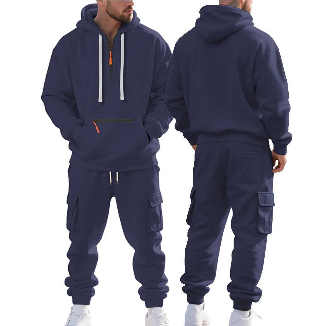 Mens Heavyweight FleeceLined Casual Tracksuit Set for Winter LooseFit HalfZip 2Piece Workwear Style J251104