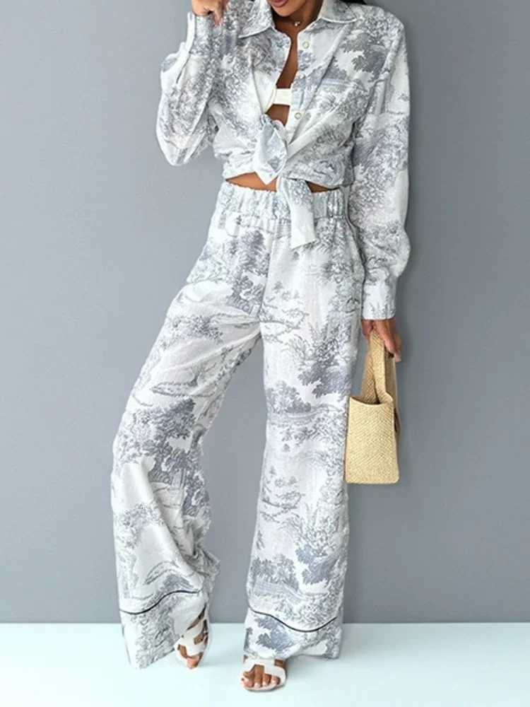 Fashion Fashion Vintage Pattern Printed Outfits Lapel Collar Shirt Long Pant Suit Spring Summer Causal Long Sleeve Loose Pant Sets Y251104