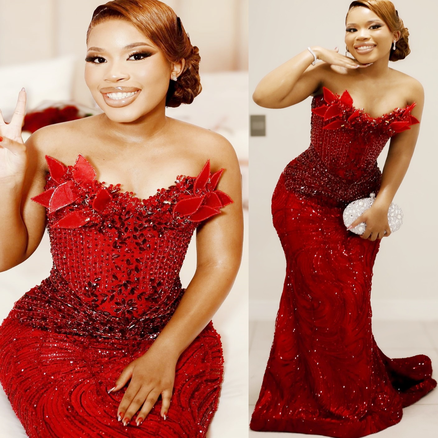 Red Mermaid Prom Dresses 2026 Florals Beaded Crystals Sequined Evening Formal Party Second Birthday Engagement Gowns Plus Size Dress For Special Occas