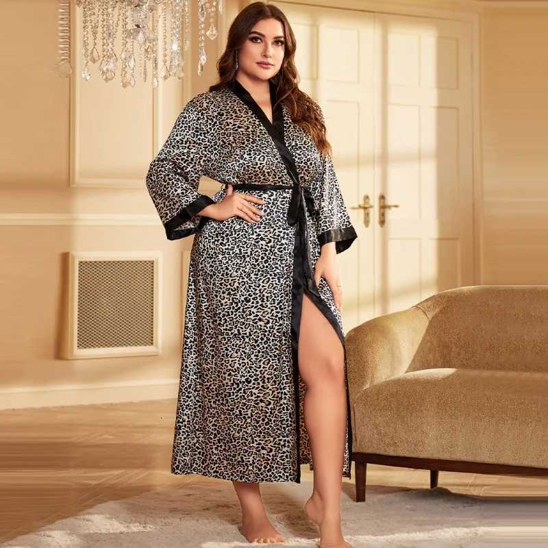 Fashion Leopard Print Plus Size Sleepwear Women Silk-like Robe Home Clothes Pajamas Sexy Loose Cardigan with Lace Up Bathrobe C251104