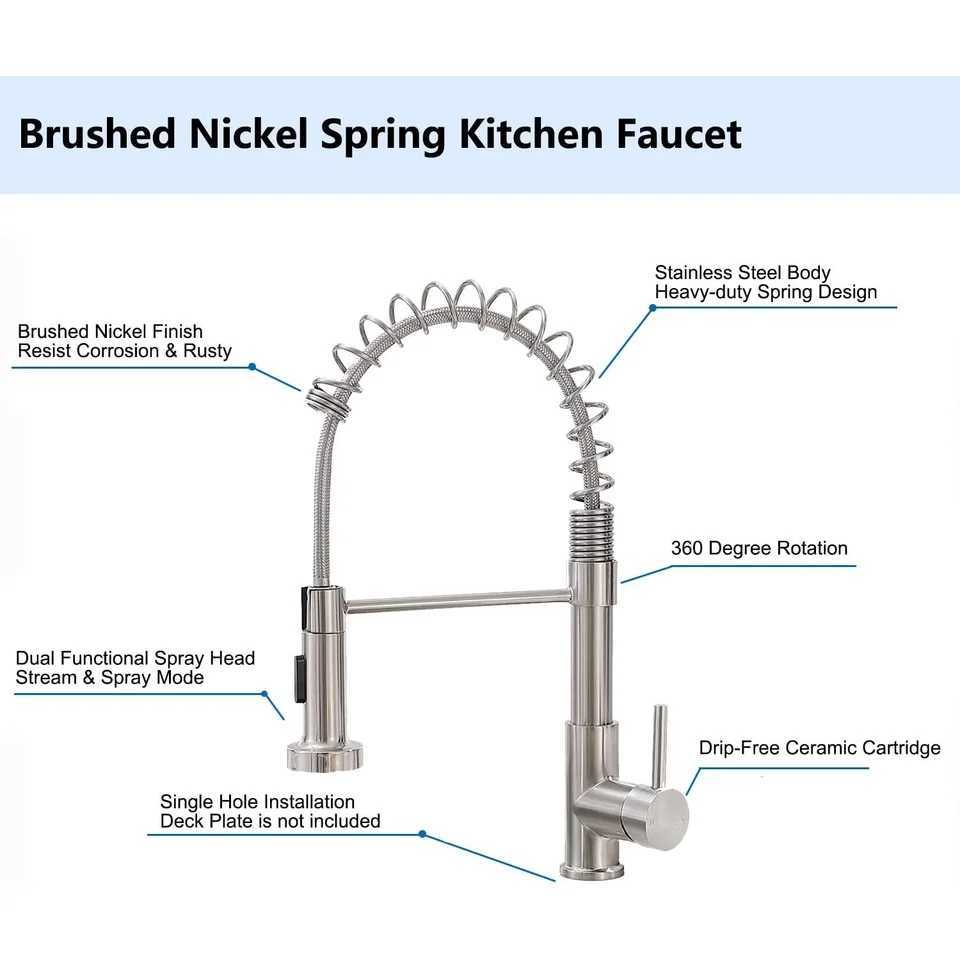 Cmercial Bed Nickel Kitchen Faucet with Pl Down Sprayer Modern Stainless Steel Single Handle Spring Kitchen Faucets Y251104