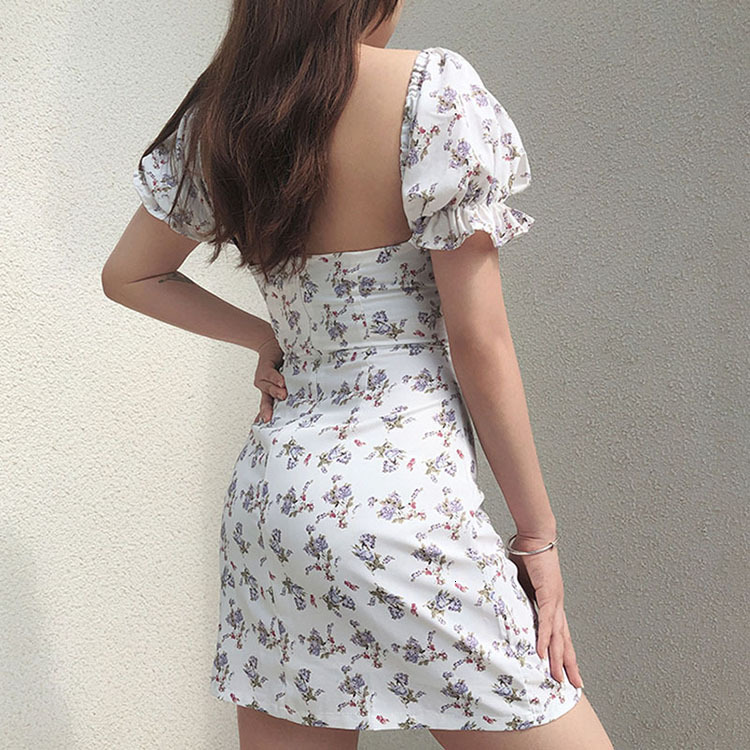 2023 Spring/Summer French Bubble Sleeve Dress Summer Womens New Style Slim Waist Show Spicy Girl Temperament Square Neck Fragmented Flower Dress