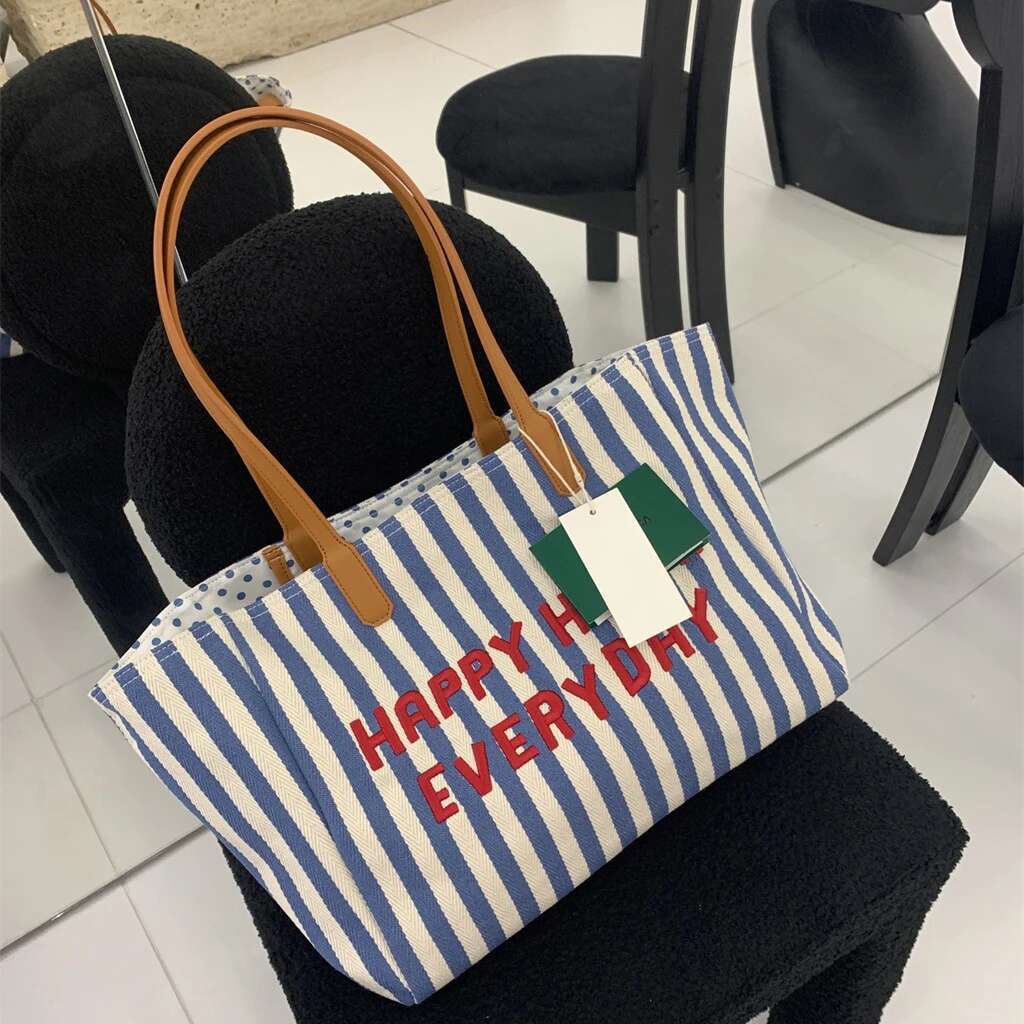 Striped Canvas 2025 New Niche Design Summer Large Capacity Shopping Fashion Women Hand-Laundry Single Shoulder Tote Bag