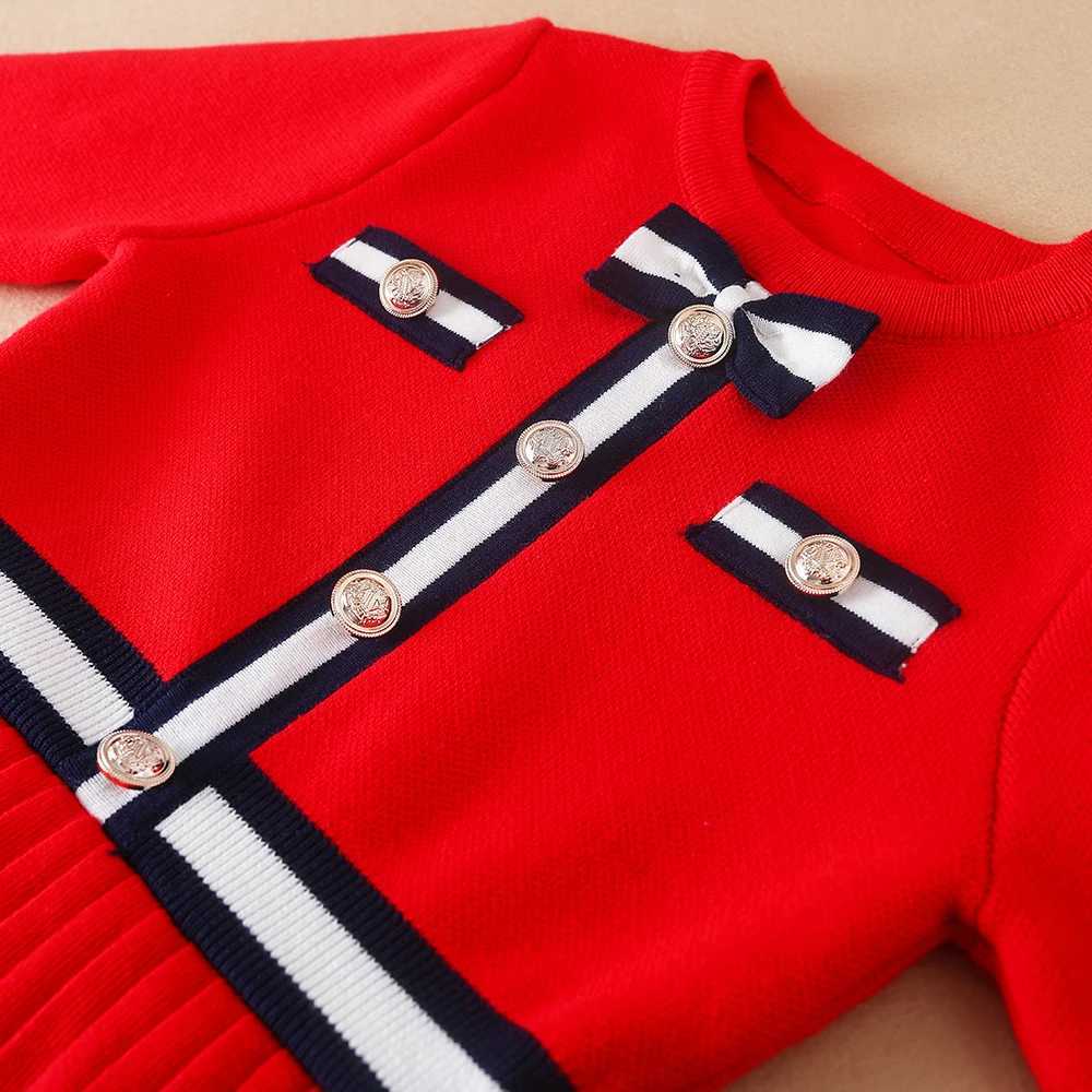 Girls Sweater Dress Long Sleeves 2024 New Knit Clothes Round Neck Princess Dress Preppy Style Kids Bow Knitwear C251104