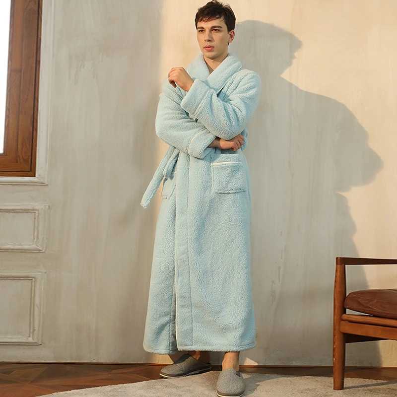 SHiONFA Mens Long Sleeve Soft Robe Thick Cotton Velvet Nightgown Warm Extended Sleepwear for Autumn Winter C251104
