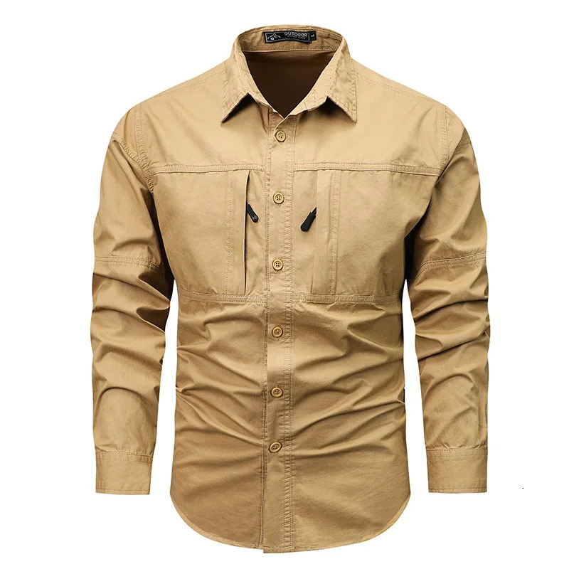 Retro workwear mens long sleeved shirt pocket n casual button up suitable for outdoor spring and autumn 250403e
