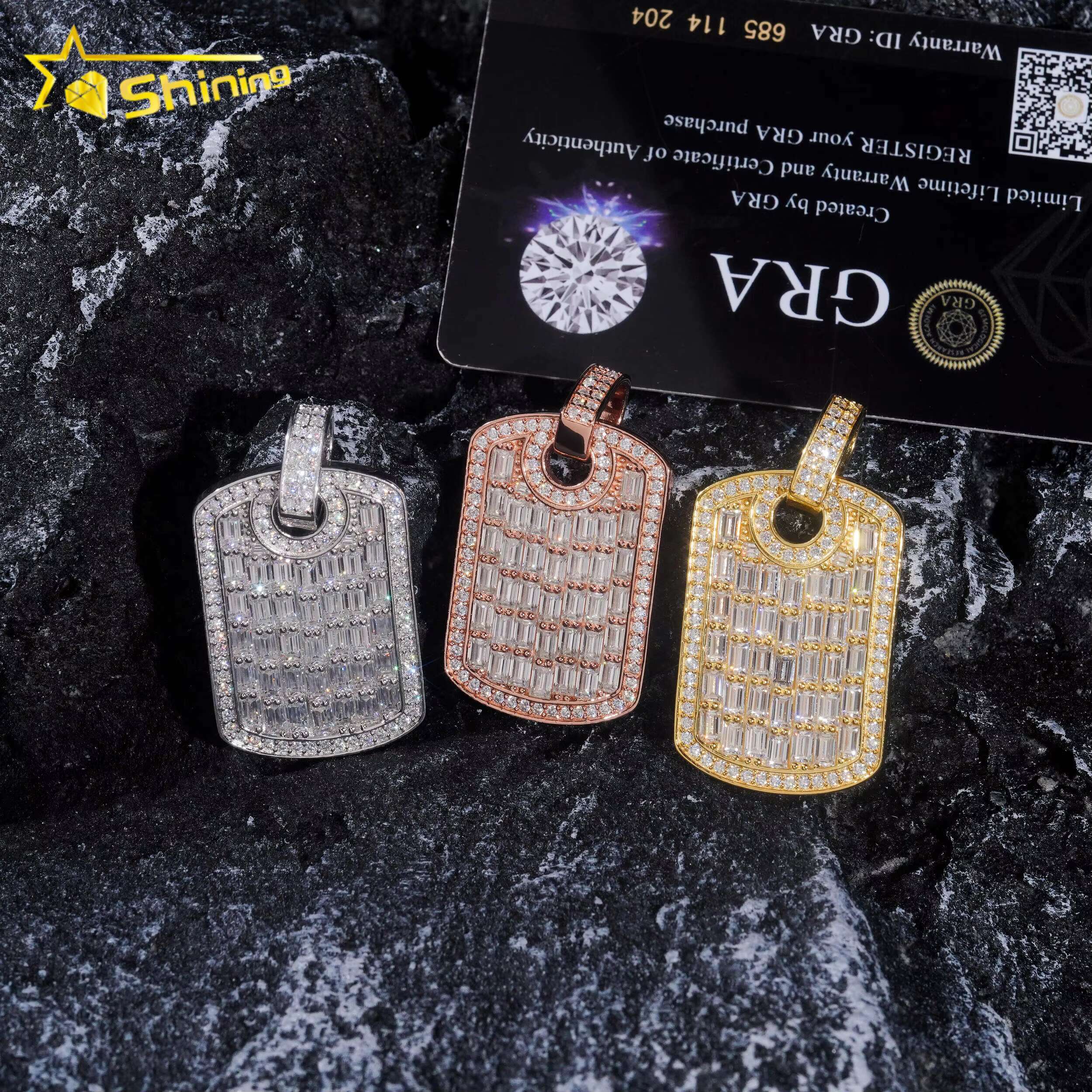 Iced Out Baguette Mossanite Tag Charms 925 Sterling Silver VVS Moissanite Diamond Pendant Fine Jewelry Ready to Ship