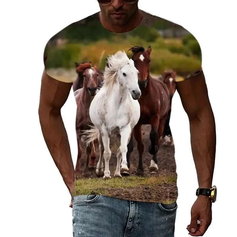 New Tide Summer Fashion Horse Picture T-shirts Casual Print Tees Hip Hop Personality Round Neck Short Sleeve Tops