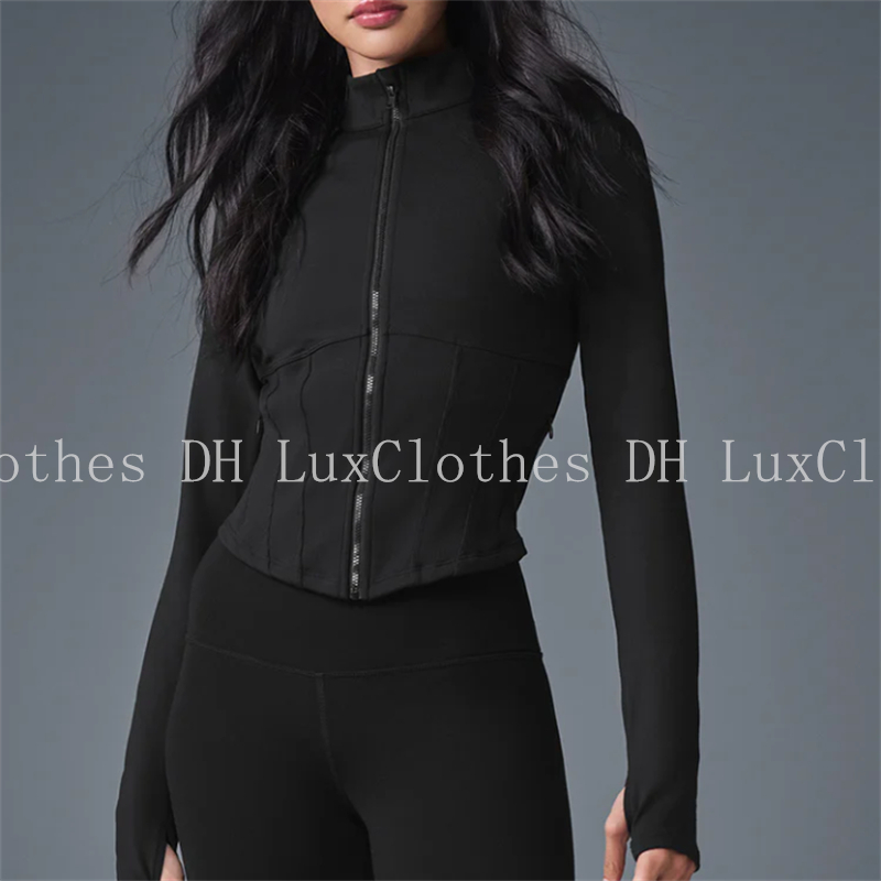Women Fitness Jacket Cinched Waist Short Style Yoga Athletic Zipper Jacket