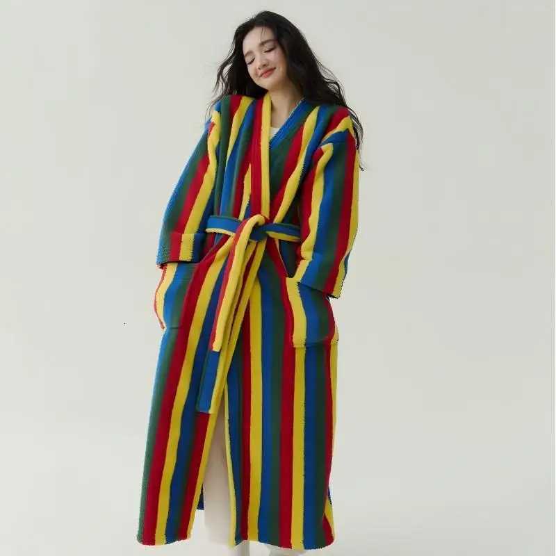 Thickened Flannel Robe Pants Pajamas Set Autumn Winter New Couple Coral Velvet Women Men Bathrobe Striped Lengthed Home Clothes C251104