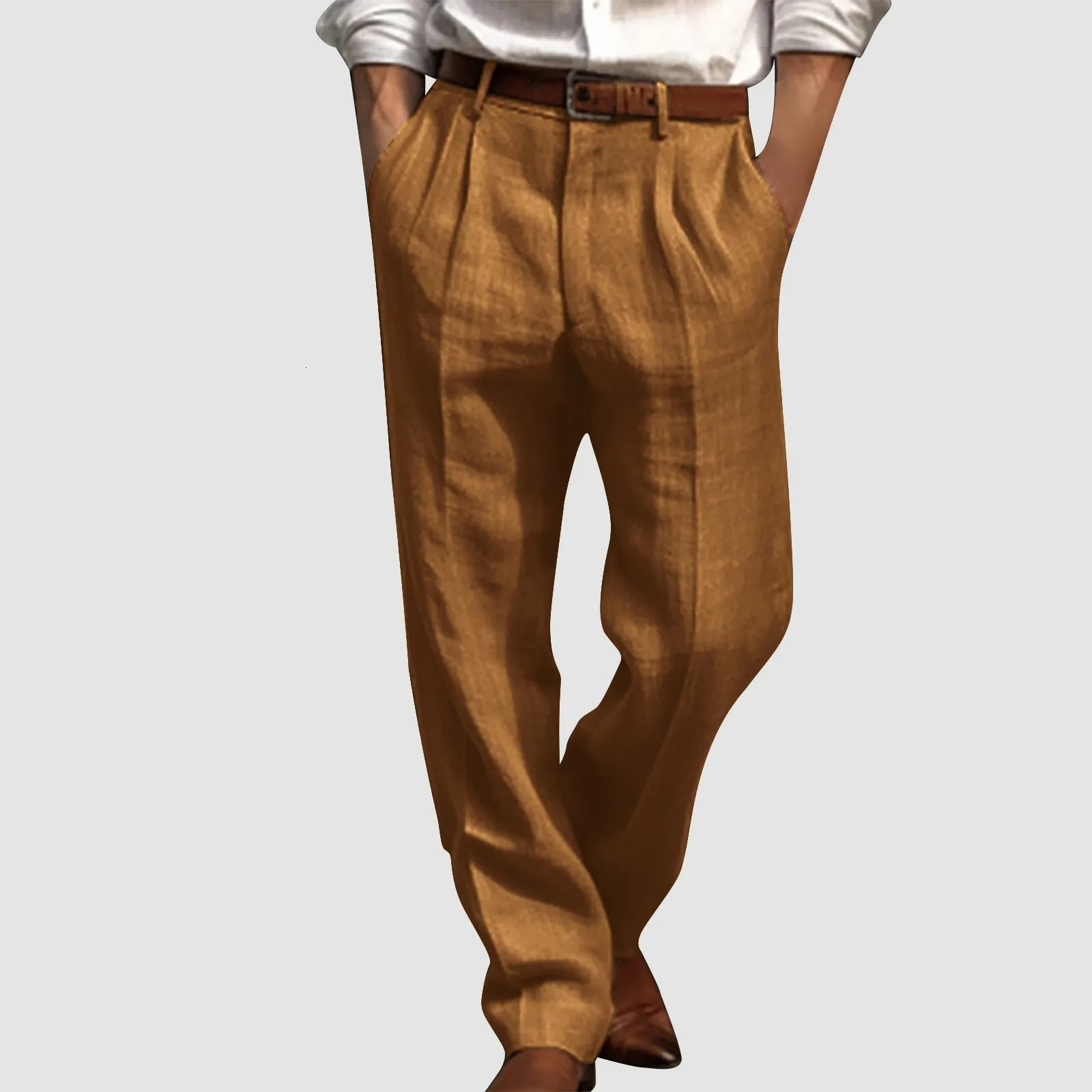 Cotton Linen Pants For Men Pleated Front Trouser Straight Leg Suit Trousers Solid Color Office Comfortable Slip Trousers 250402