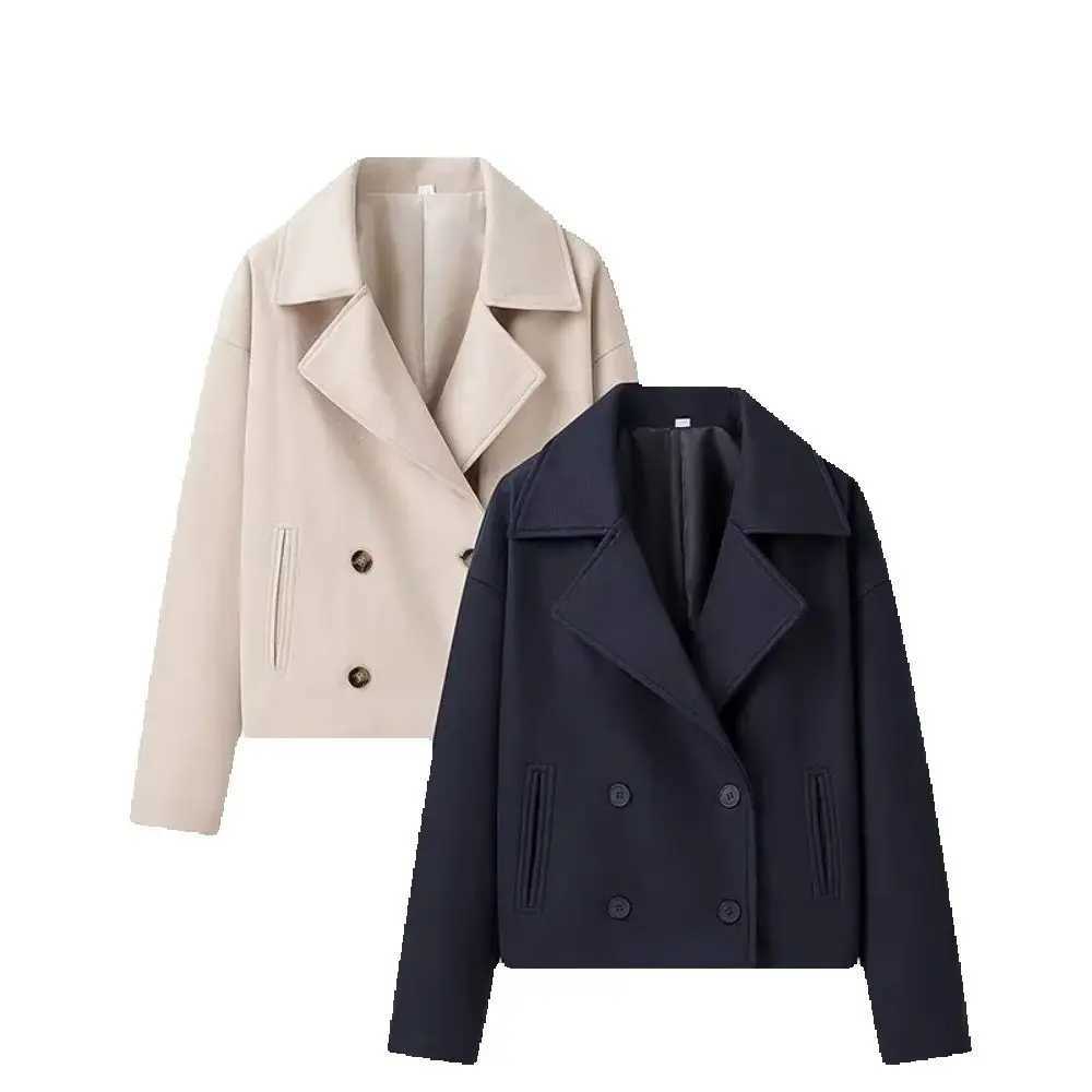 womens loose fitting collar jacket with long sleeves and button pockets autumn and winter new style temperament woolen J251103