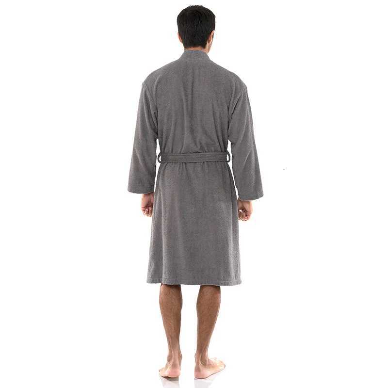 100 Cotton Mens Winter Bathrobe Solid Terry Homewear Pockets V Neck Length Robe Kimono With Sashes For Male 2024 C251104