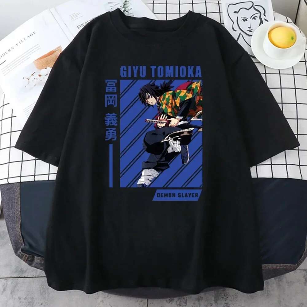 2024 New Giyu Tomioka Anime Demon Slayer Prints Mens Cotton T-Shirts Personality Trend Casual Short Sleeve Oversize Man Clothing