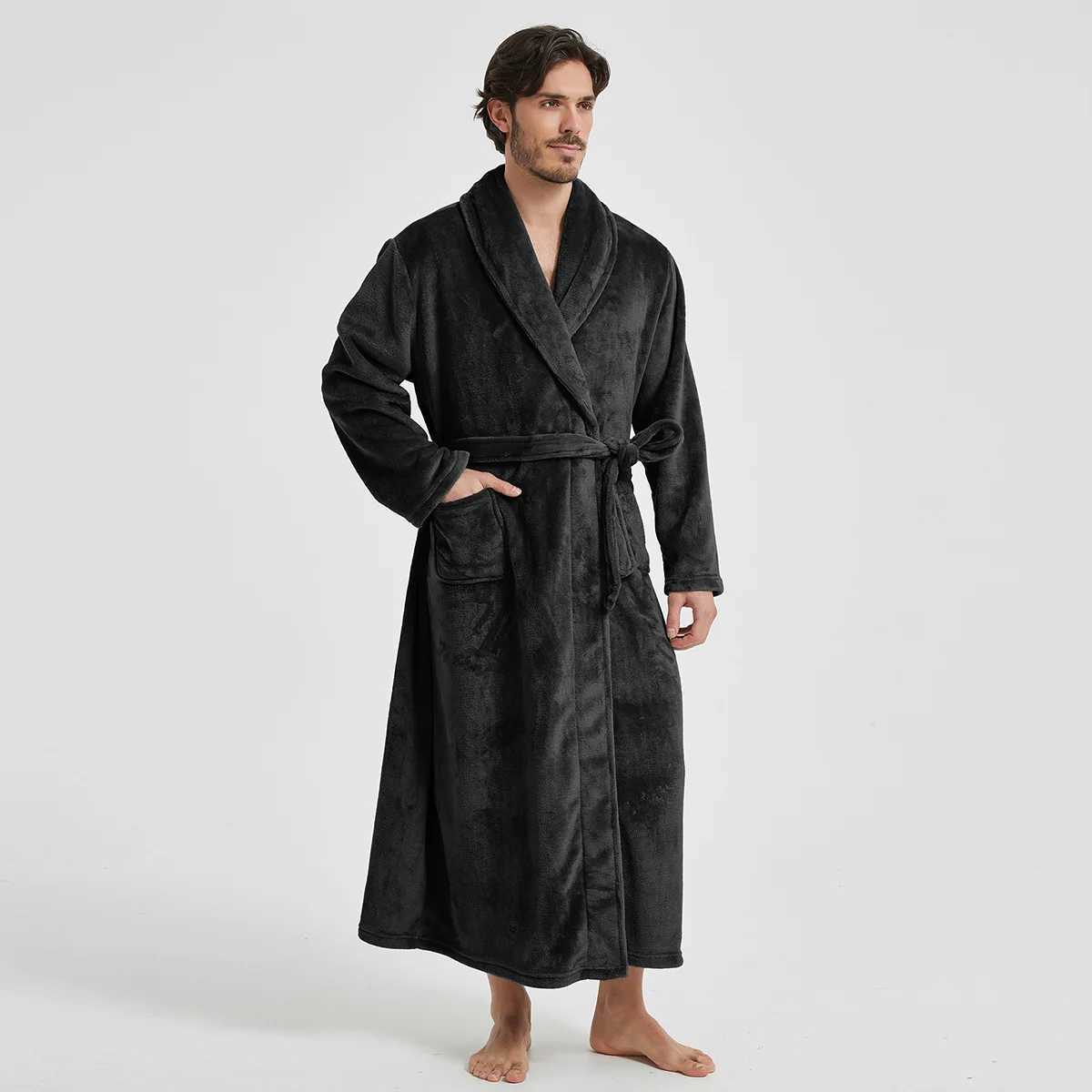 Male Lapel Coral Velvet Bathrobe Nightgown Lounge Homewear Men Autumn Winter Warm Flannel Warm Robe Thicken Nightwear Sleepwear C251104