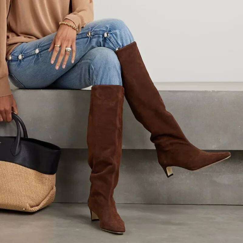 New Autumn Winter Square Toe Low Heeled Suede Long European and American Fashion Black Brown Minimalist Knee High Boots