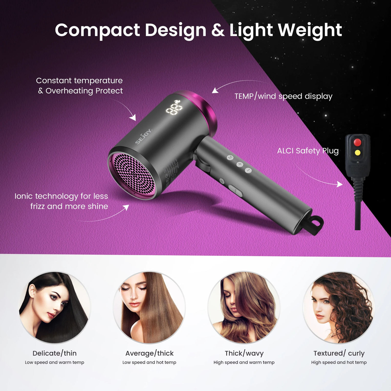 Sejoy Hair Dryer 110v 1800W highspeed electric airflow low noise constant temperature and fast drying 250325
